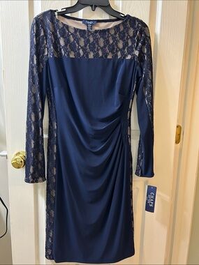 Chaps Navy Lace Long Sleeve Sheath Dress